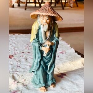 VTG Norcrest Japanese man Sage Figurine in Blue and Yellow Robe with a stroll